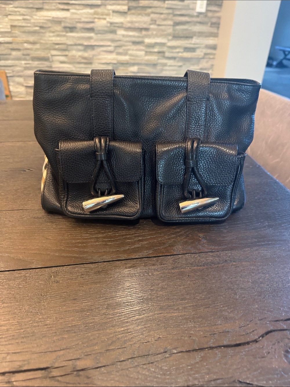Burberry Black Leather Messenger Bag with Front Pocket Accents